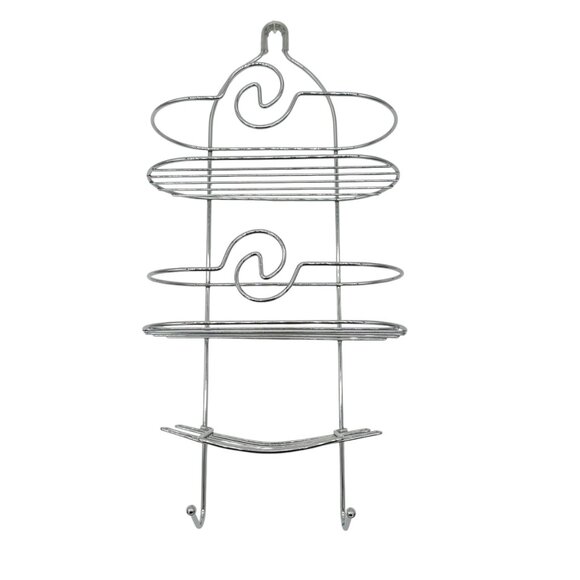 3-Tier Silver Chrome Shower Caddy Hooks & Swirl Design For Bathroom Organization - Picture 1 of 8